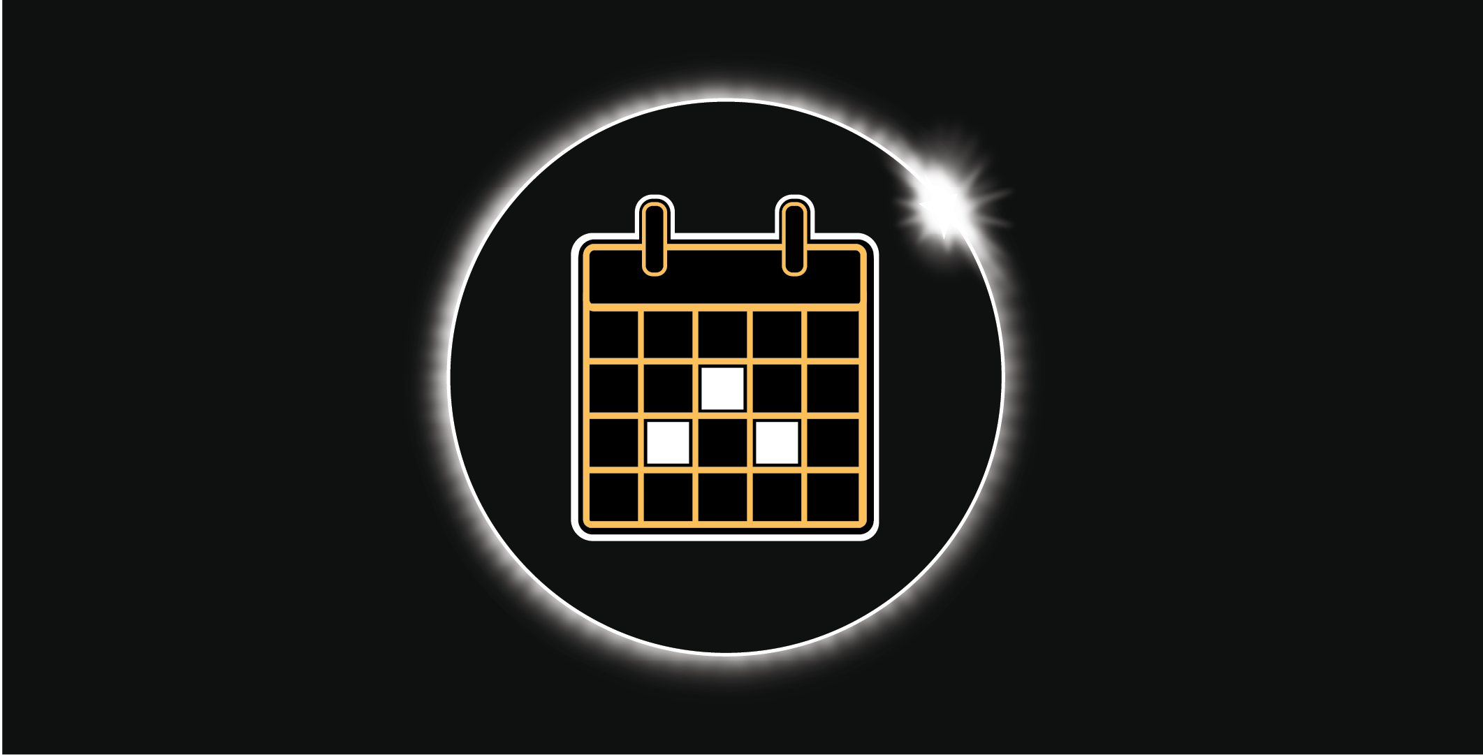 A calendar with a few dates highlighted set against an eclipse graphic.