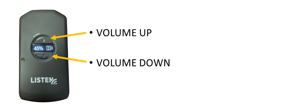 Assistive Listening Device diagram: Arrow pointing to a silver buttons on the face of the ALD read "volume up" and "volume down." The volume level is shown on an LED screen between the buttons.