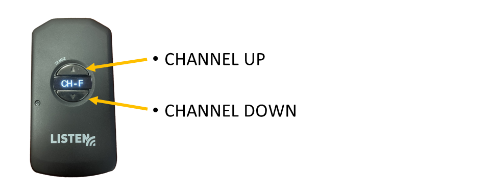Assistive Listening Device diagram: Arrows point to silver buttons on the face of the ALD read "channel up" and "channel down." An LED screen between the buttons indicates the current channel selected.
