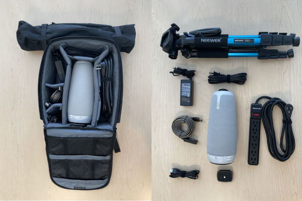 Meeting Owl Pro kit. Every Meeting Owl kit comes with a carry bag, tripod, tripod plate, AC power, Micro USB cable, USB-A extension cable, power bar and Meeting Owl Pro