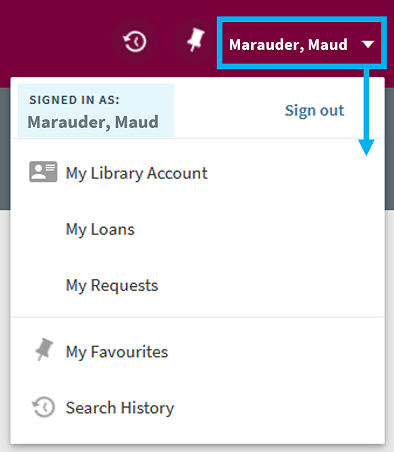 Omni Library Account - Logged-in user menu options